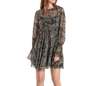 JOIE Manning Dress Above Knee Bell Sleeve Cuff Sheer Paisley Caviar Feminine NWT